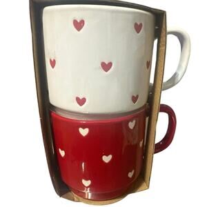 Hello Spring, set of 2 Hearts stackable mugs great for Valentines day gifts! NWT